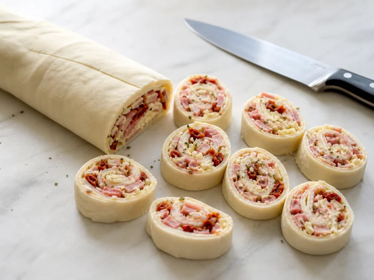 Preparação de Caracóis de Queijo e Fiambre com Tomate Seco durante a confeção