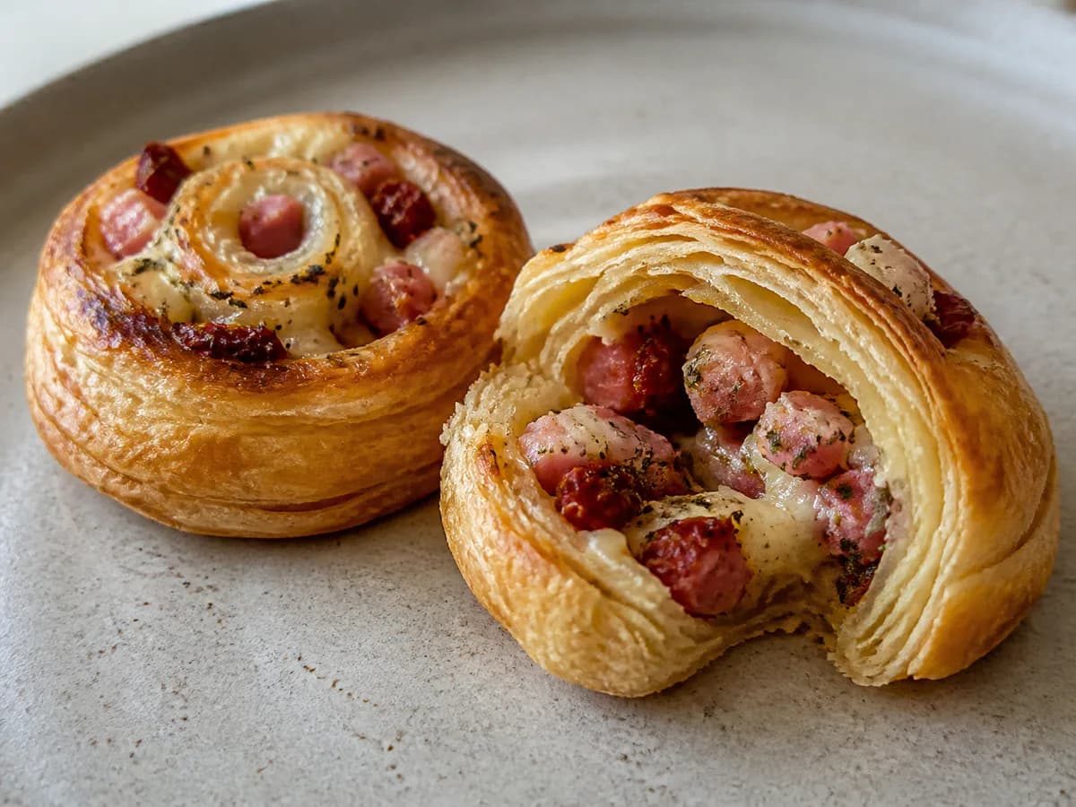 Pormenor de uma porção de Caracóis de Queijo e Fiambre com Tomate Seco