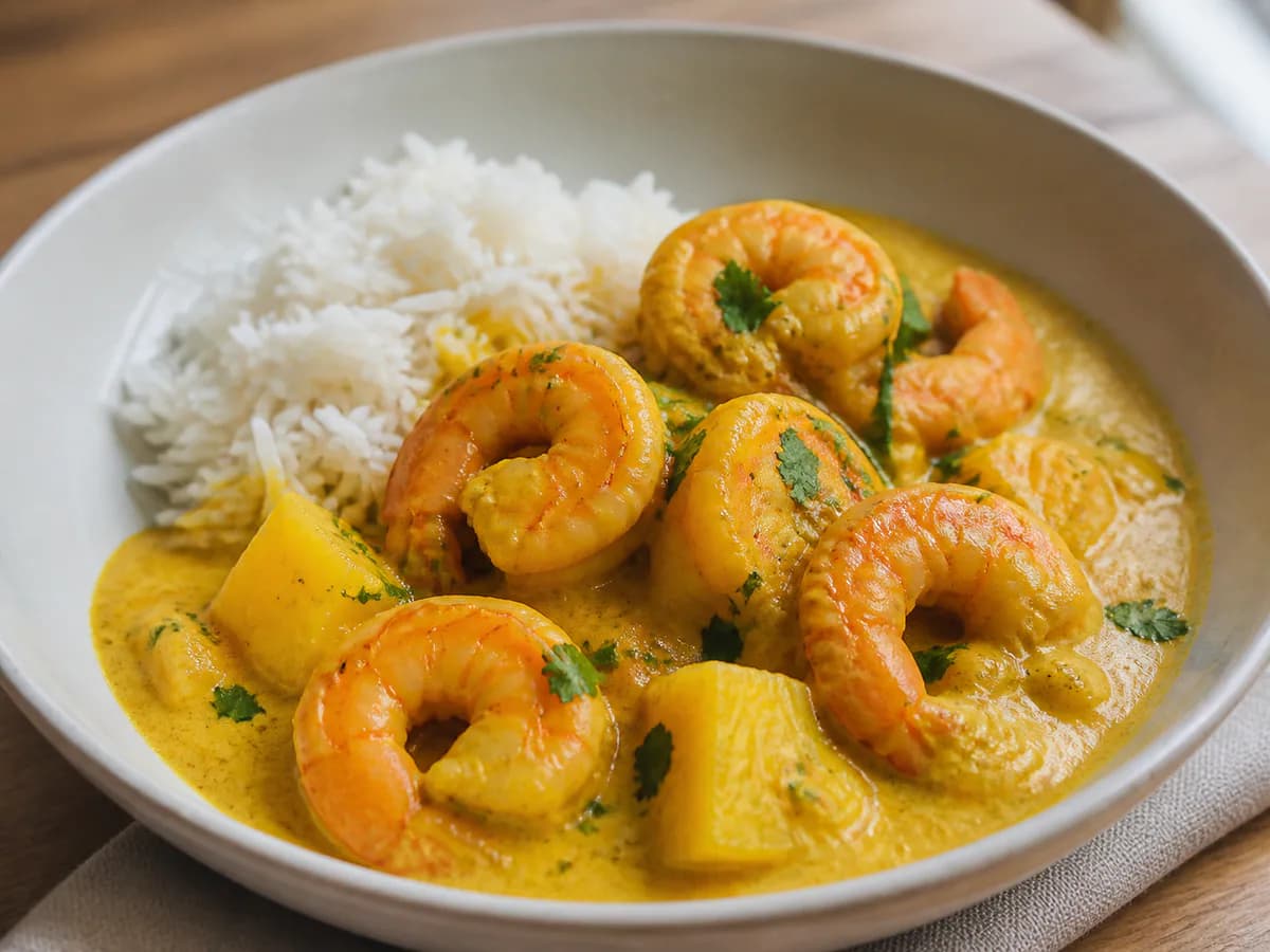 Pormenor de uma porção de Caril de Camarão com Coco e Ananás
