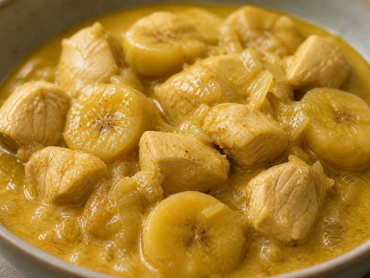 Pormenor de uma porção de Caril de Frango com Banana