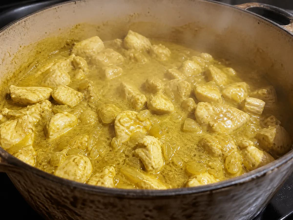 Preparação de Caril de Frango com Banana durante a confeção