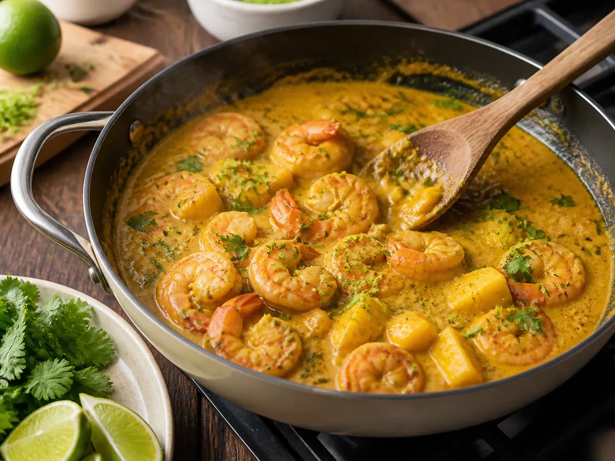 Preparação de Caril de Gambas com Lima e Manga durante a confeção