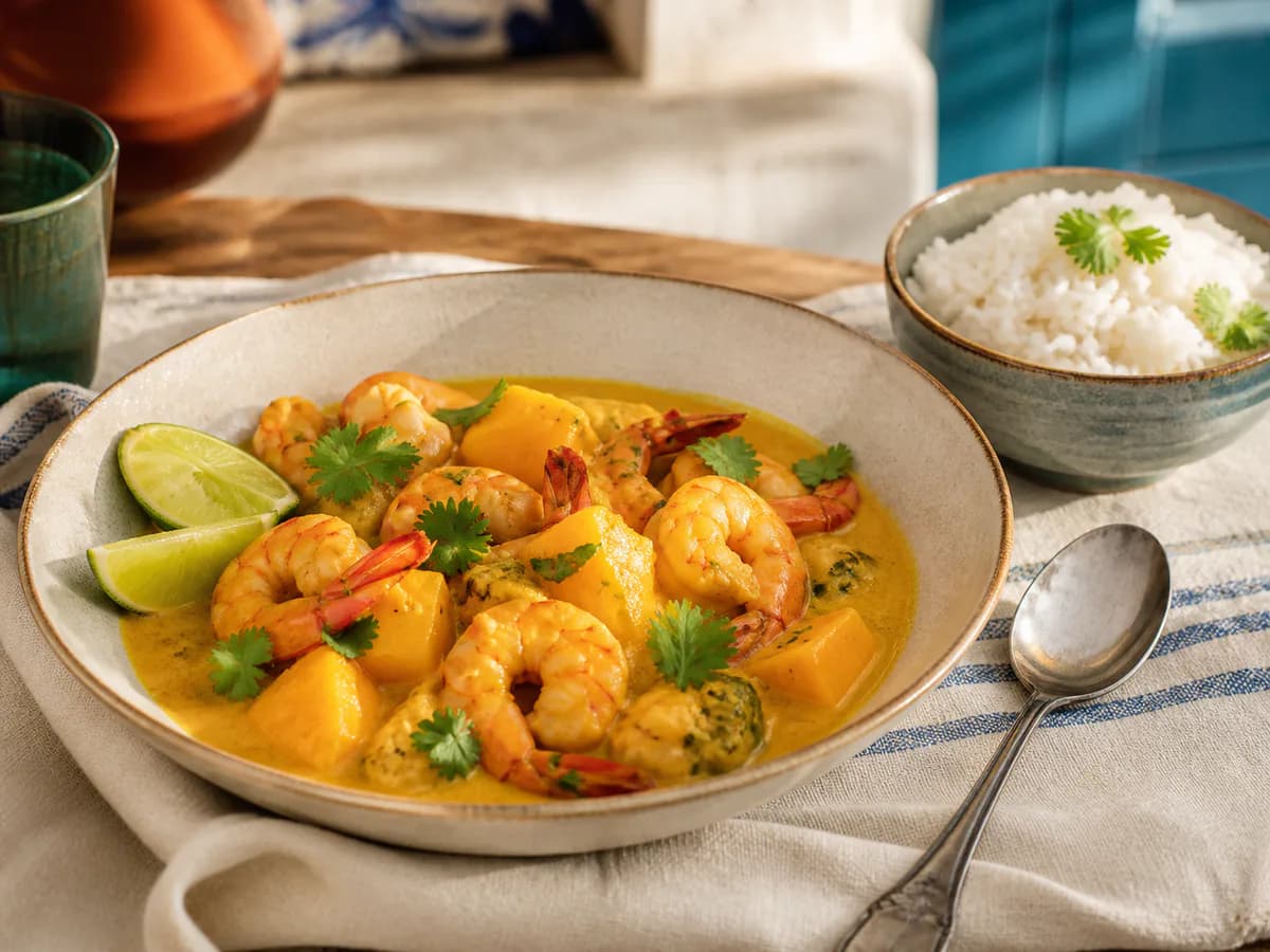 Pormenor de uma porção de Caril de Gambas com Lima e Manga