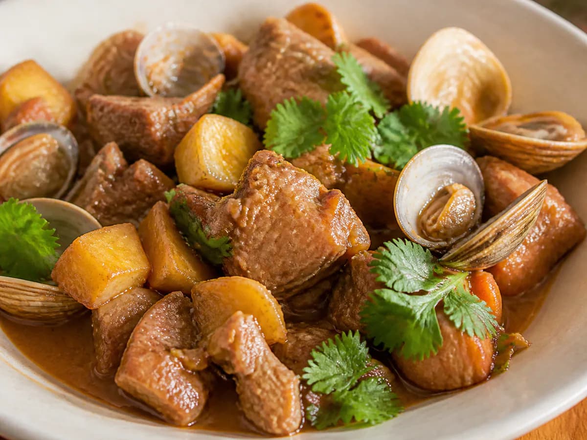 Pormenor de uma porção de Carne de Porco à Alentejana à Moda Antiga