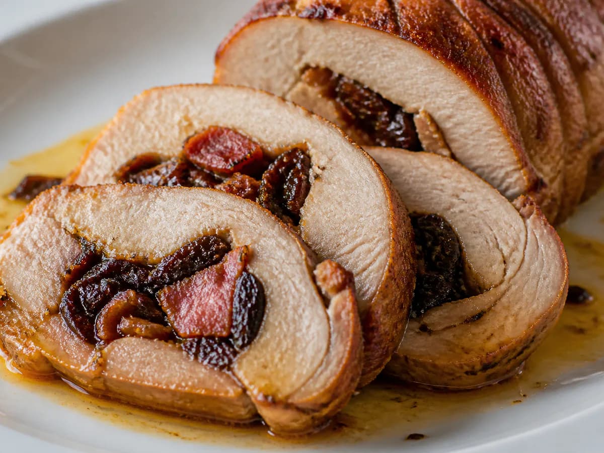 Pormenor de uma porção de Carne de Porco Recheada com Ameixas e Bacon