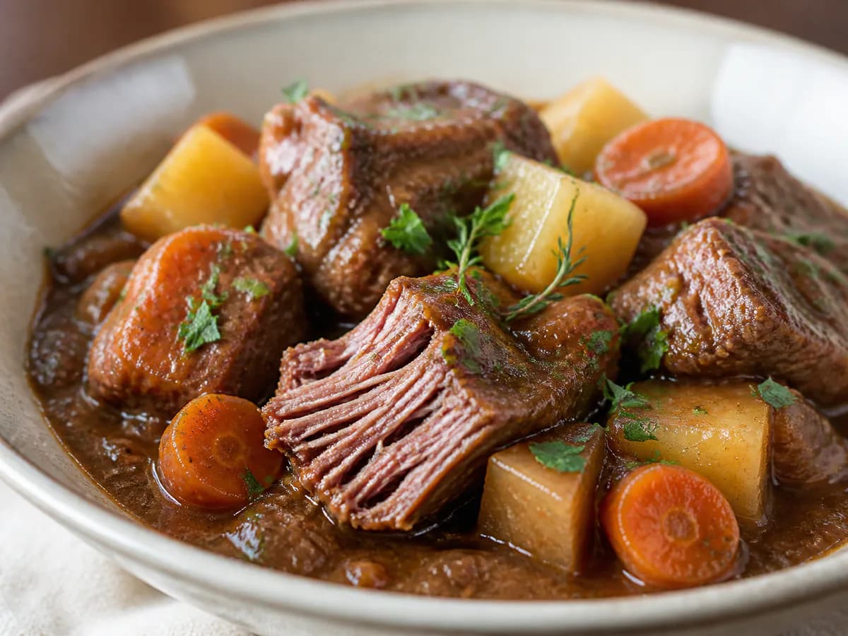 Pormenor de uma porção de Carne Estufada com Nabos