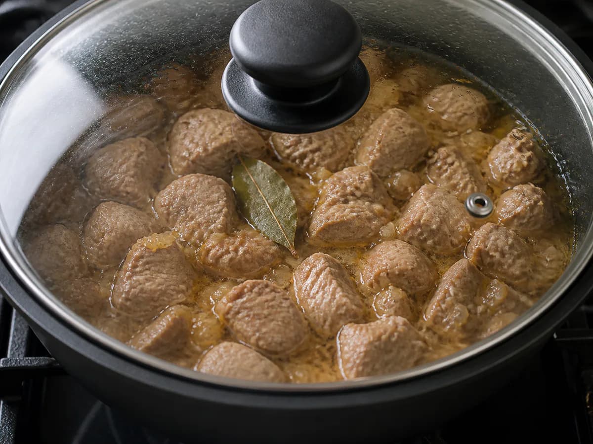 Preparação de Carne de Porco à Alentejana com Banha durante a confeção