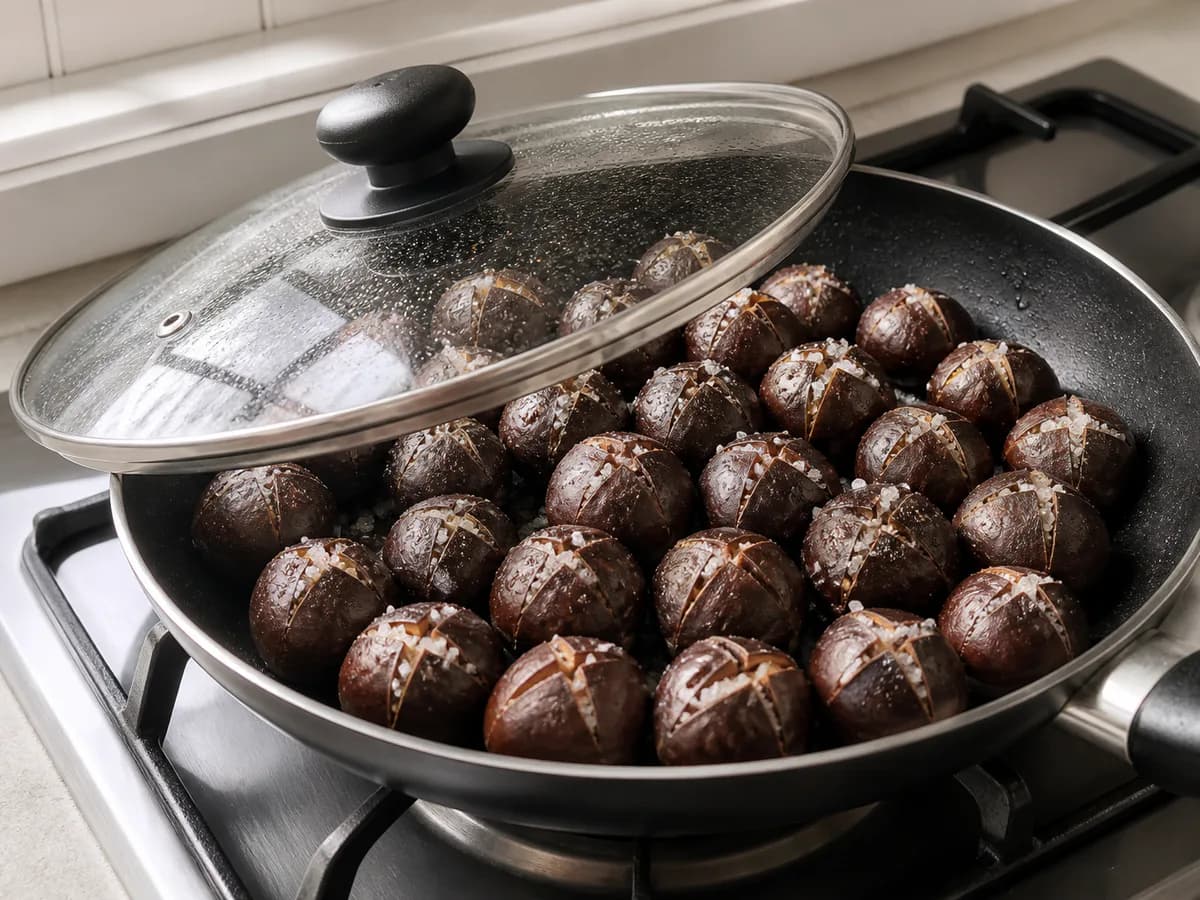Preparação de Castanhas Assadas Com Sal (No Fogão Sem Fumo) durante a confeção