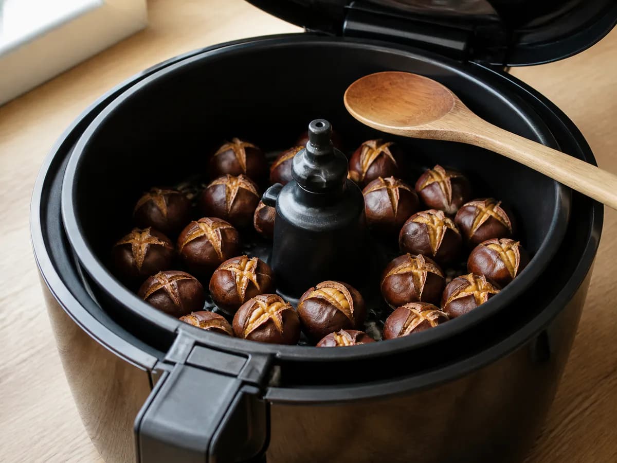 Preparação de Castanhas Assadas na Actifry durante a confeção