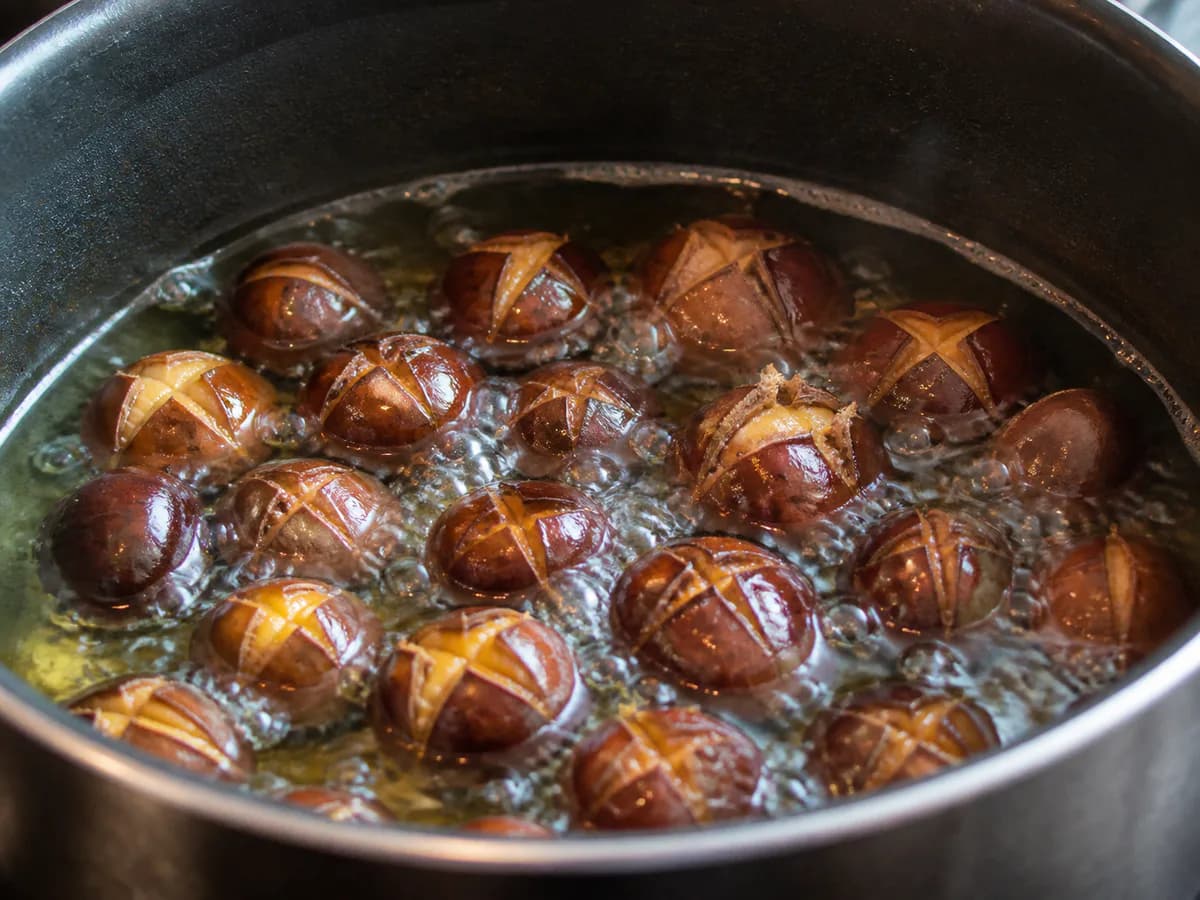 Preparação de Castanhas Fritas à Portuguesa durante a confeção