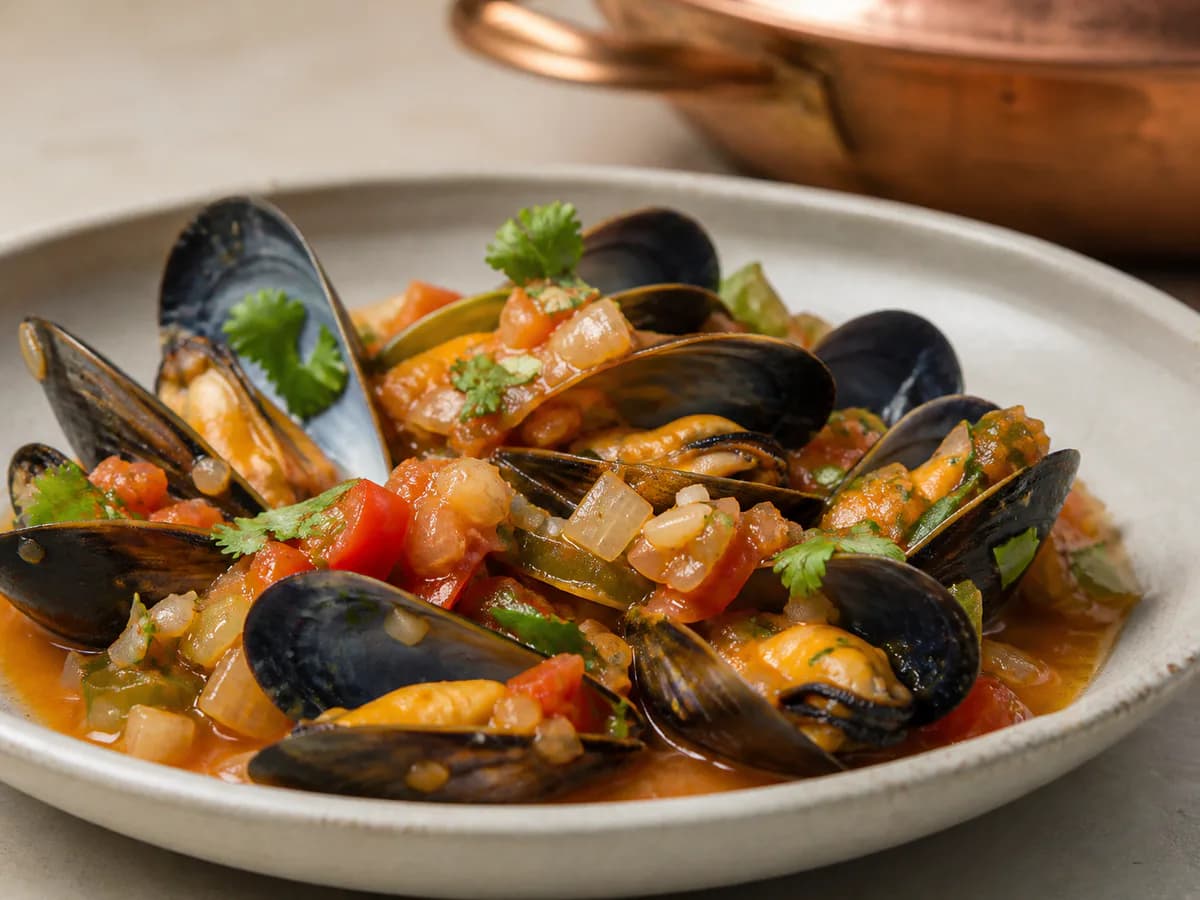 Pormenor de uma porção de Cataplana de Mexilhões à Algarvia