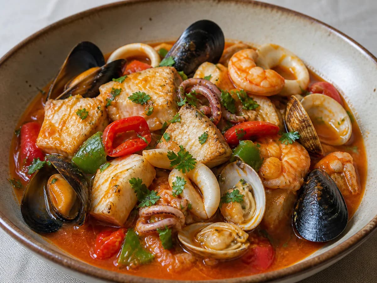 Pormenor de uma porção de Cataplana de Peixe e Marisco Variado