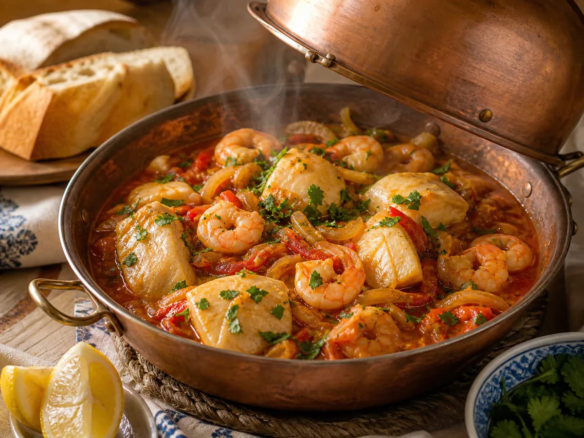 Pormenor de uma porção de Cataplana de Raia e Camarão