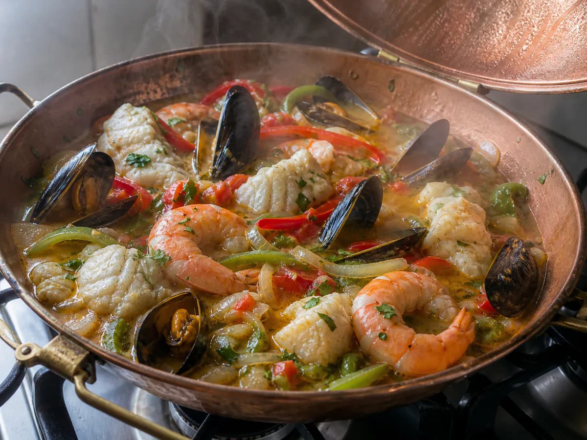 Preparação de Cataplana de Tamboril com Mexilhões e Camarão durante a confeção