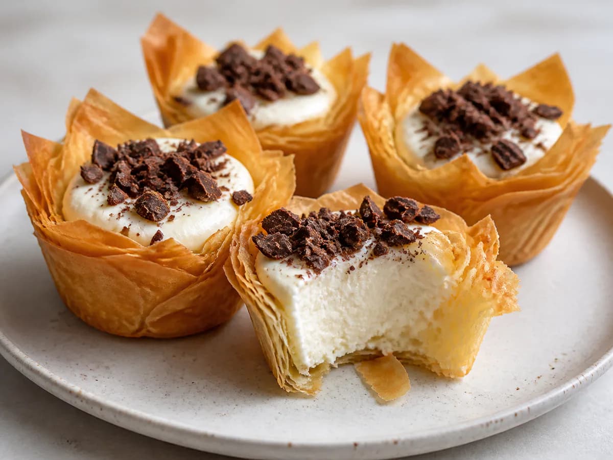 Pormenor de uma porção de Cestinhos de Chocolate com Creme de Queijo