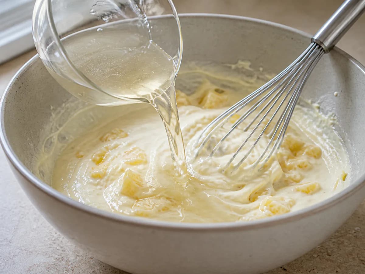 Preparação de Cheesecake de Ananás Cremoso durante a confeção