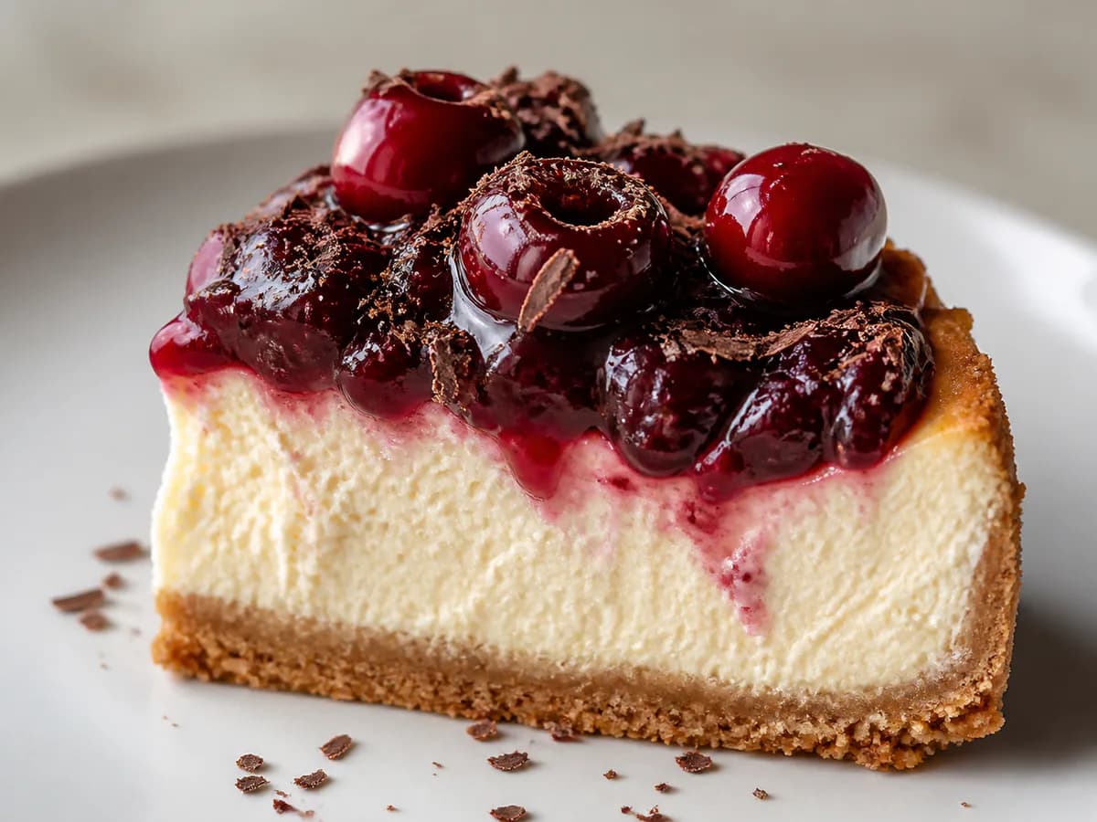 Pormenor de uma porção de Cheesecake Floresta Negra de Cereja