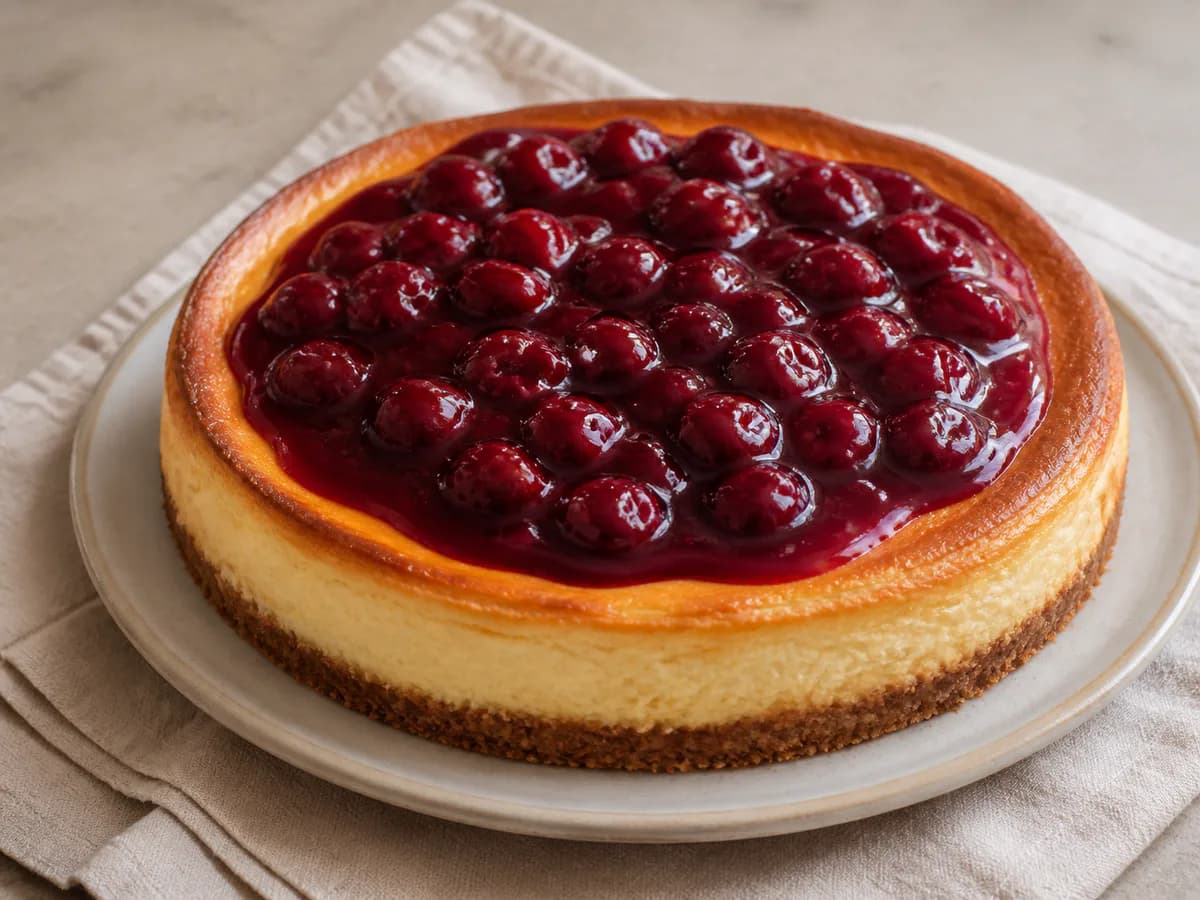 Cheesecake de Forno com Molho de Cerejas