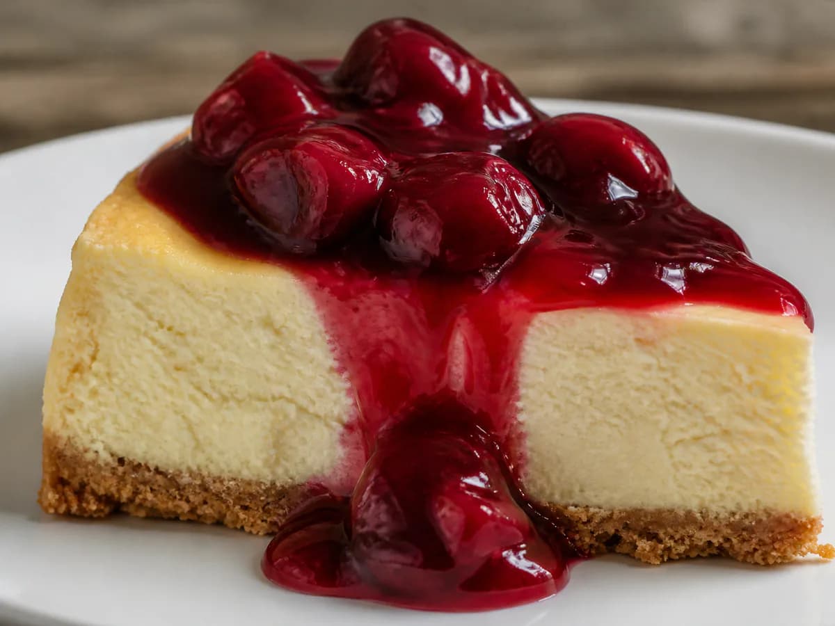 Pormenor de uma porção de Cheesecake de Forno com Molho de Cerejas