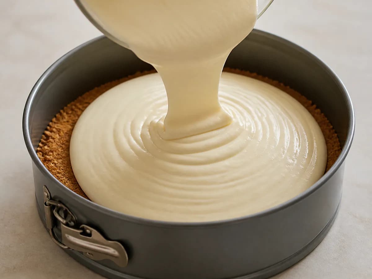 Preparação de Cheesecake de Forno com Molho de Cerejas durante a confeção