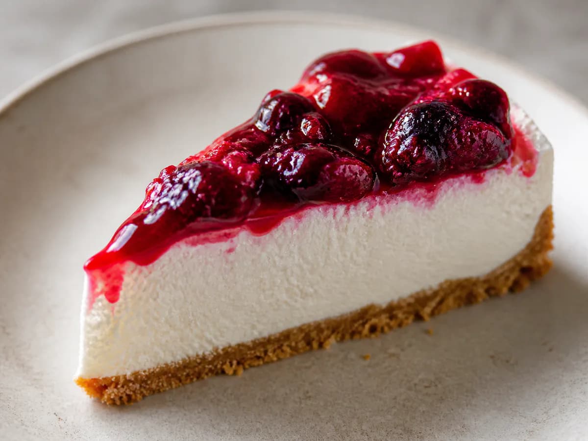 Pormenor de uma porção de Cheesecake de Iogurte Grego com Cobertura de Frutos Vermelhos