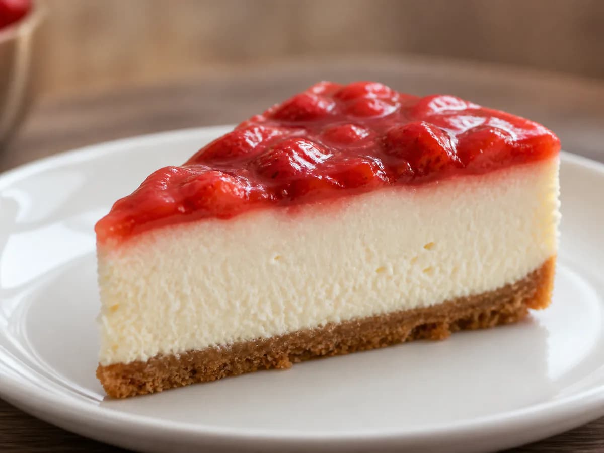 Pormenor de uma porção de Cheesecake de Morango Cremoso