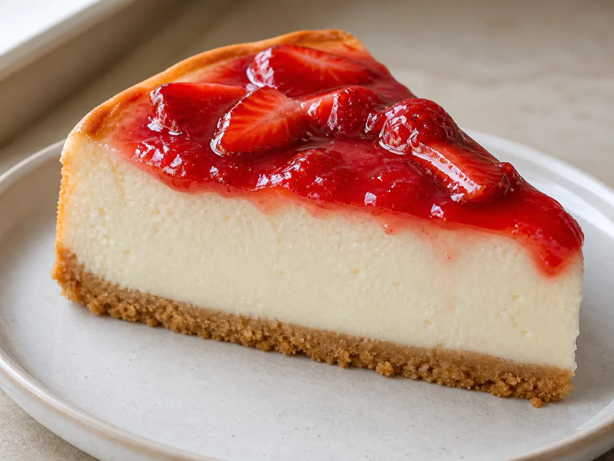 Pormenor de uma porção de Cheesecake de Morango no Forno
