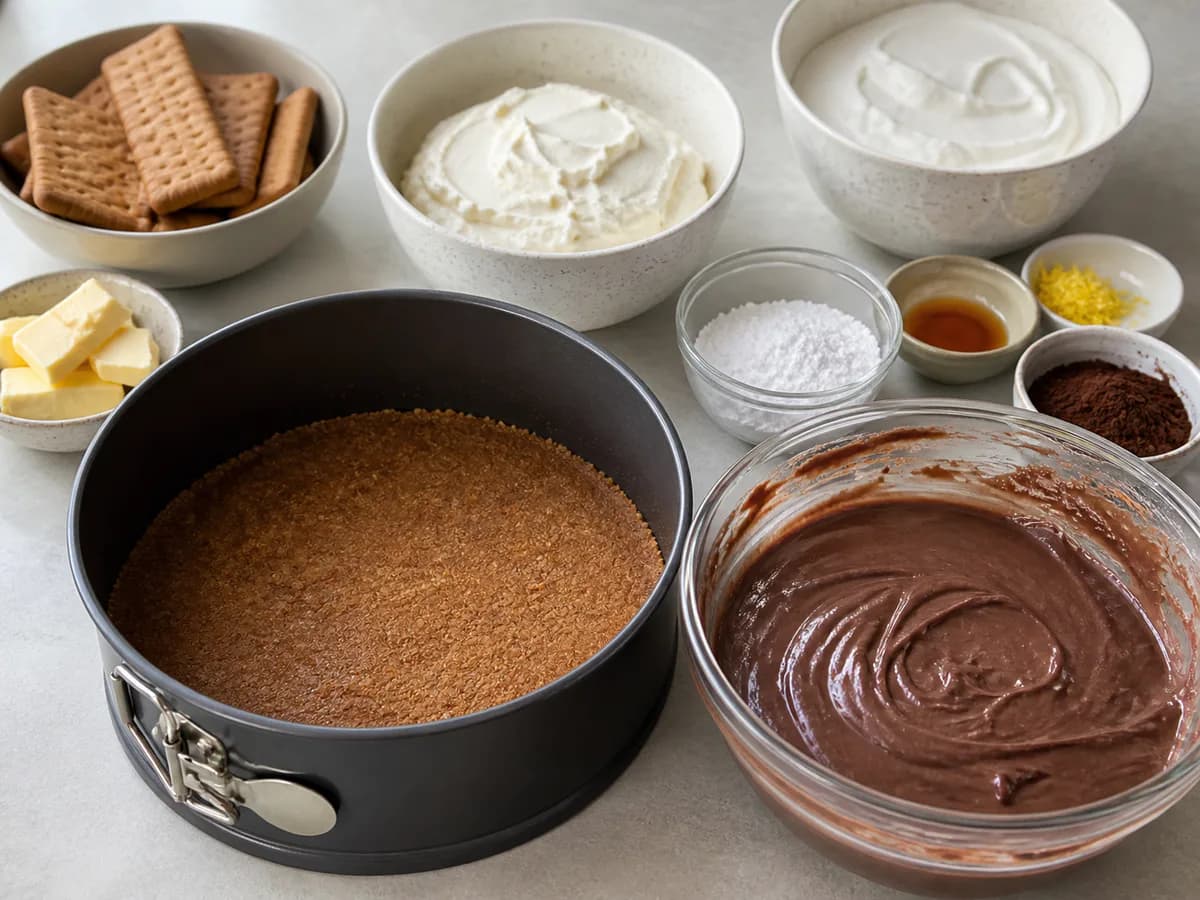 Preparação de Cheesecake Vegetariano de Chocolate durante a confeção