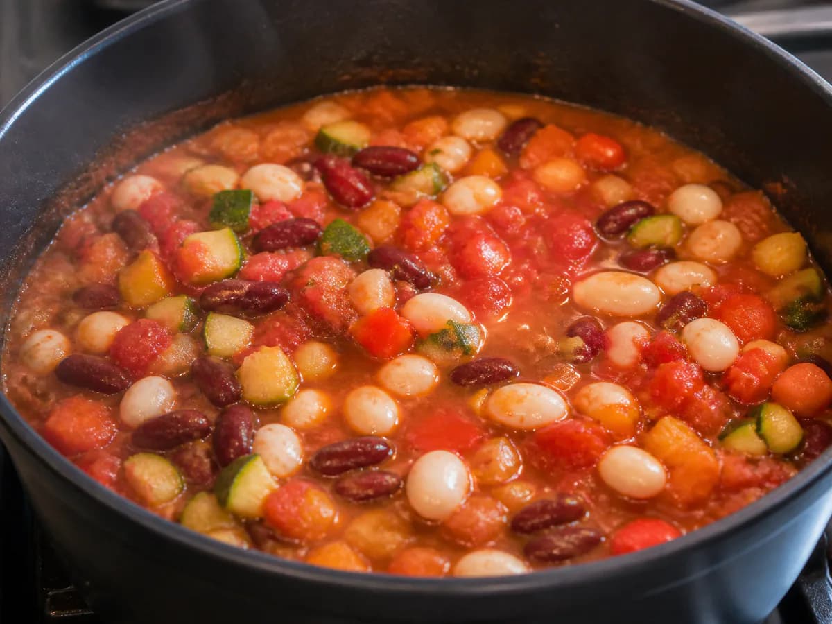 Preparação de Chili Vegetariano à Portuguesa durante a confeção