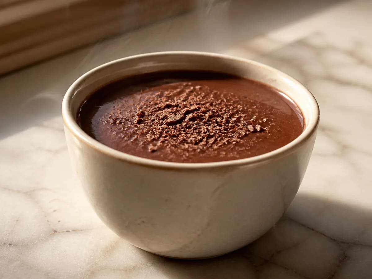 Pormenor de uma porção de Chocolate Quente Cremoso à Portuguesa