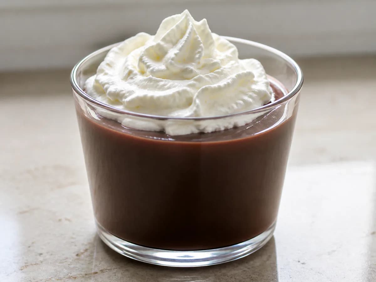 Pormenor de uma porção de Chocolate Quente Cremoso com Chantilly Caseiro