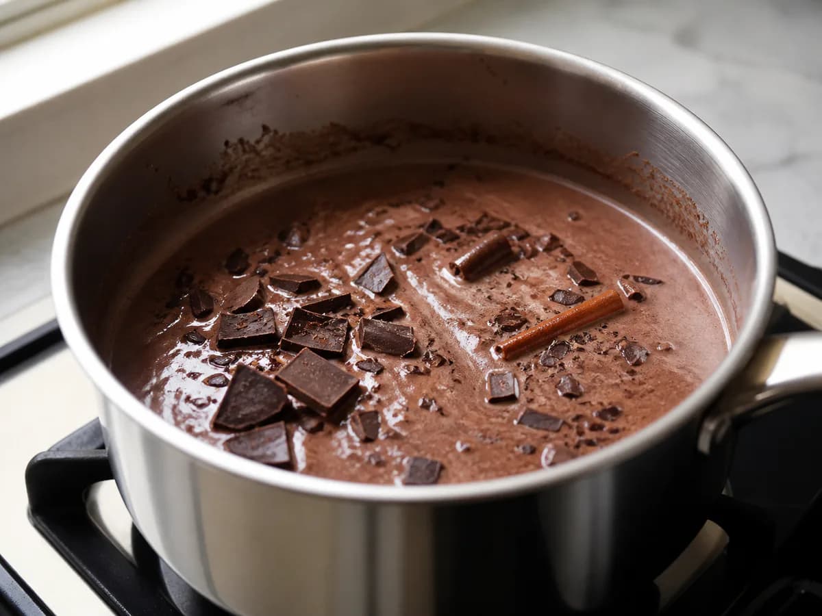 Preparação de Chocolate Quente Cremoso durante a confeção
