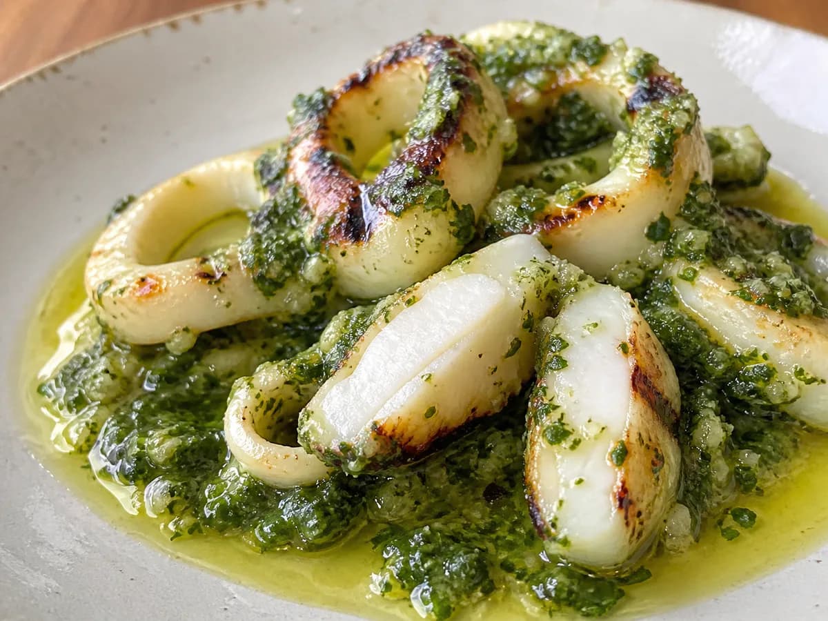 Pormenor de uma porção de Chocos Grelhados com Molho Verde