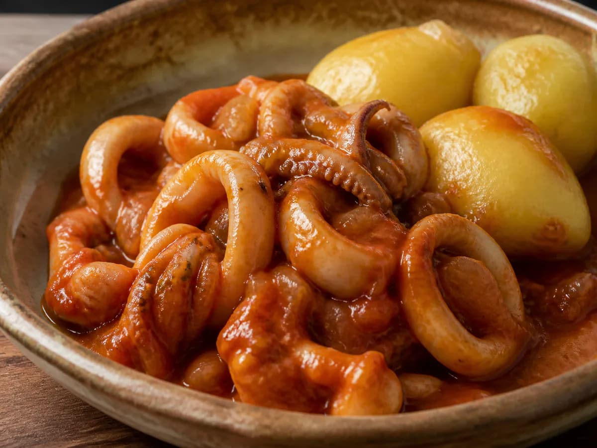 Pormenor de uma porção de Choquinhos Guisados à Minhota