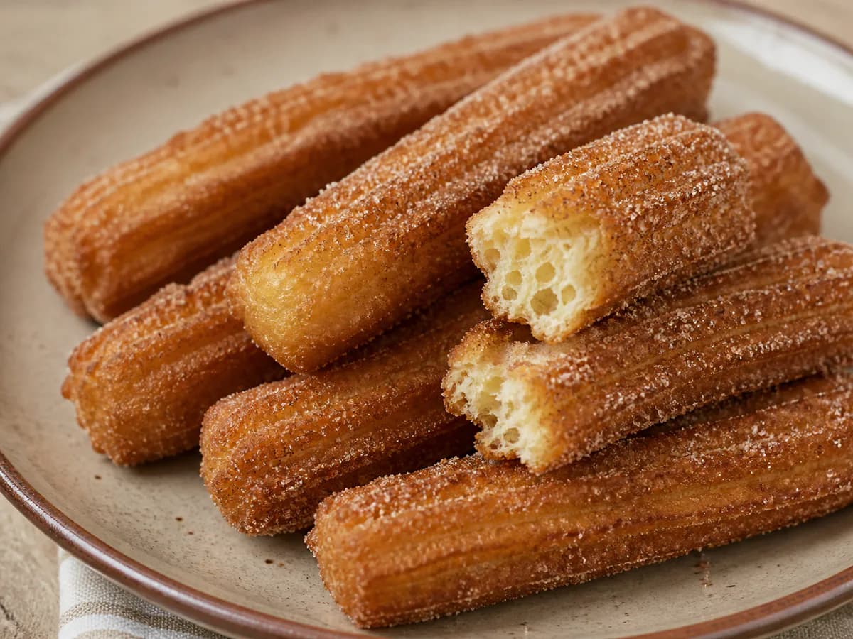 Pormenor de uma porção de Churros Caseiros com Açúcar e Canela