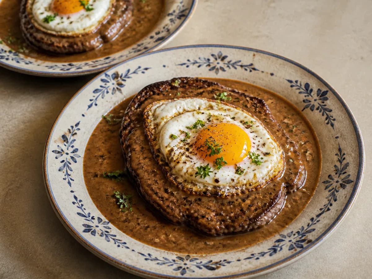 Bife com Ovo a Cavalo em Molho de Café