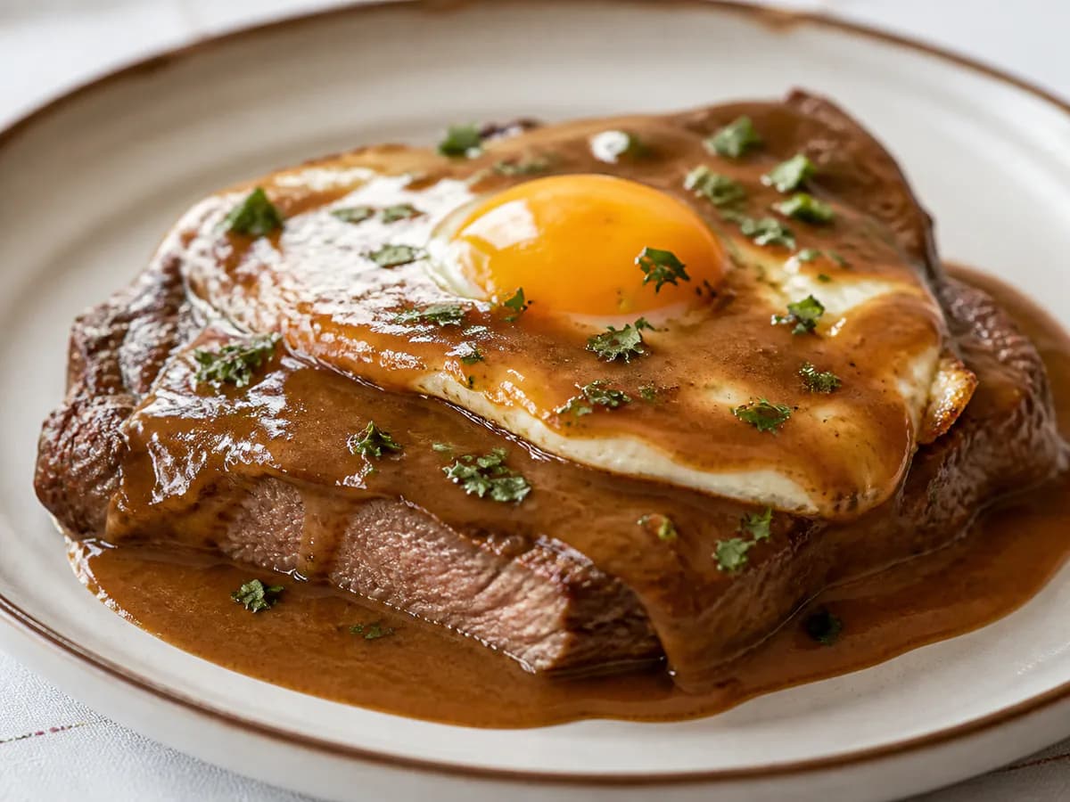 Pormenor de uma porção de Bife com Ovo a Cavalo em Molho de Café
