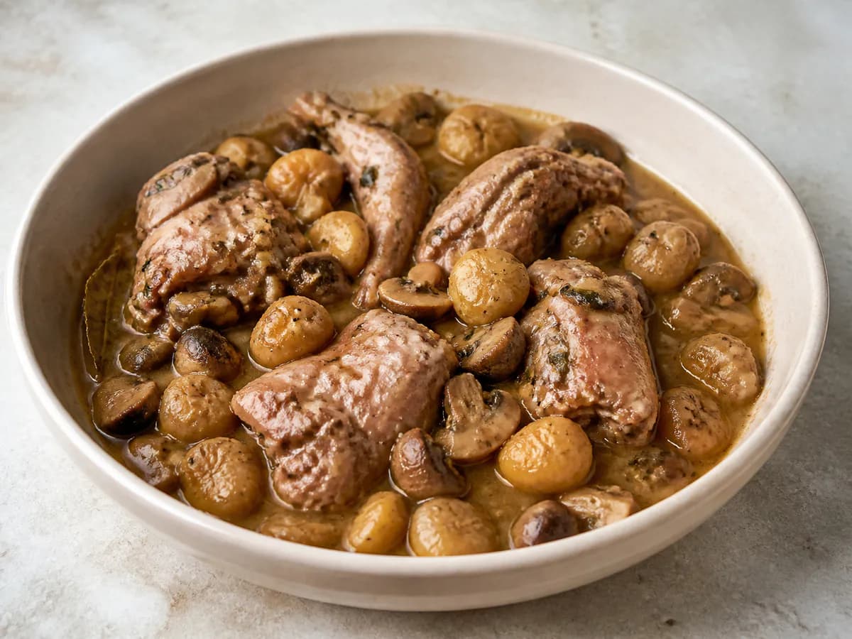 Coelho com Castanhas e Cogumelos