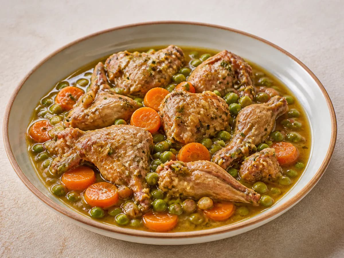 Coelho Guisado com Ervilhas e Cenouras