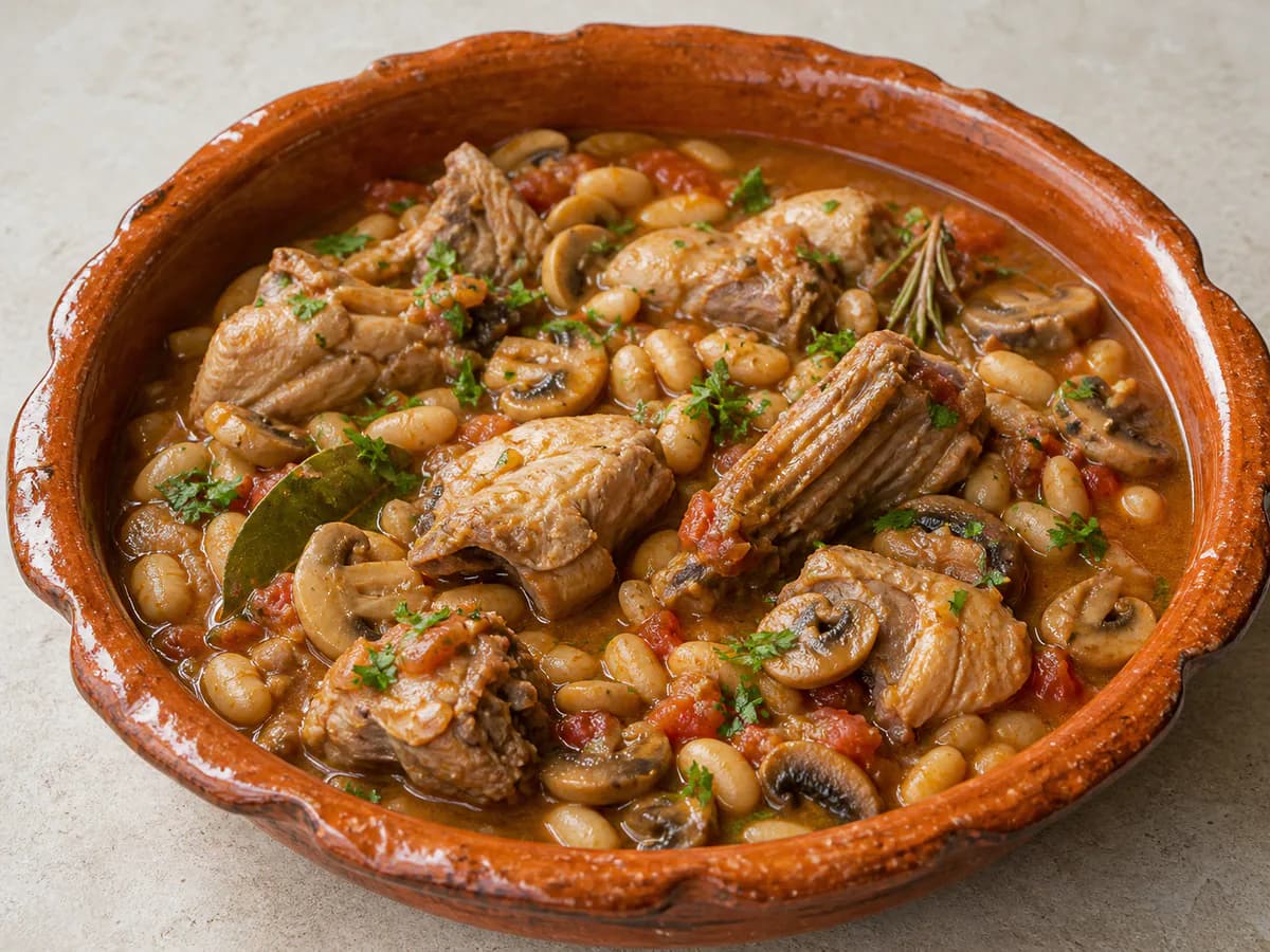 Coelho Guisado com Feijão Branco e Cogumelos