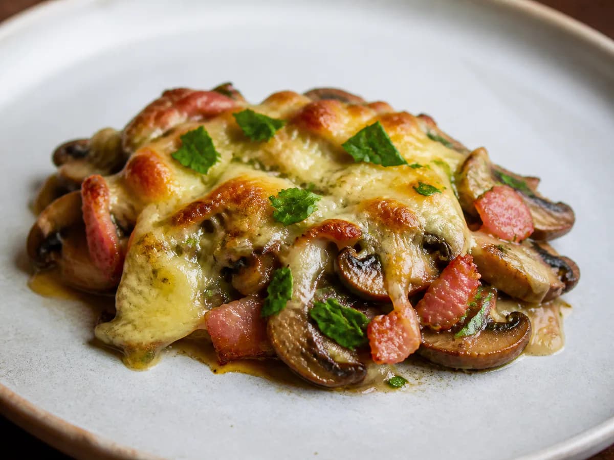 Pormenor de uma porção de Cogumelos Salteados com Bacon, Coentros e Queijo