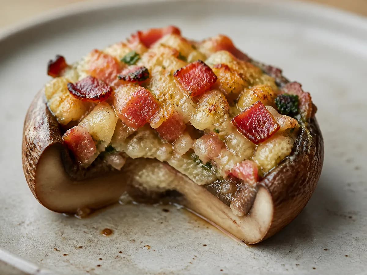 Pormenor de uma porção de Cogumelos Recheados com Bacon e Parmesão
