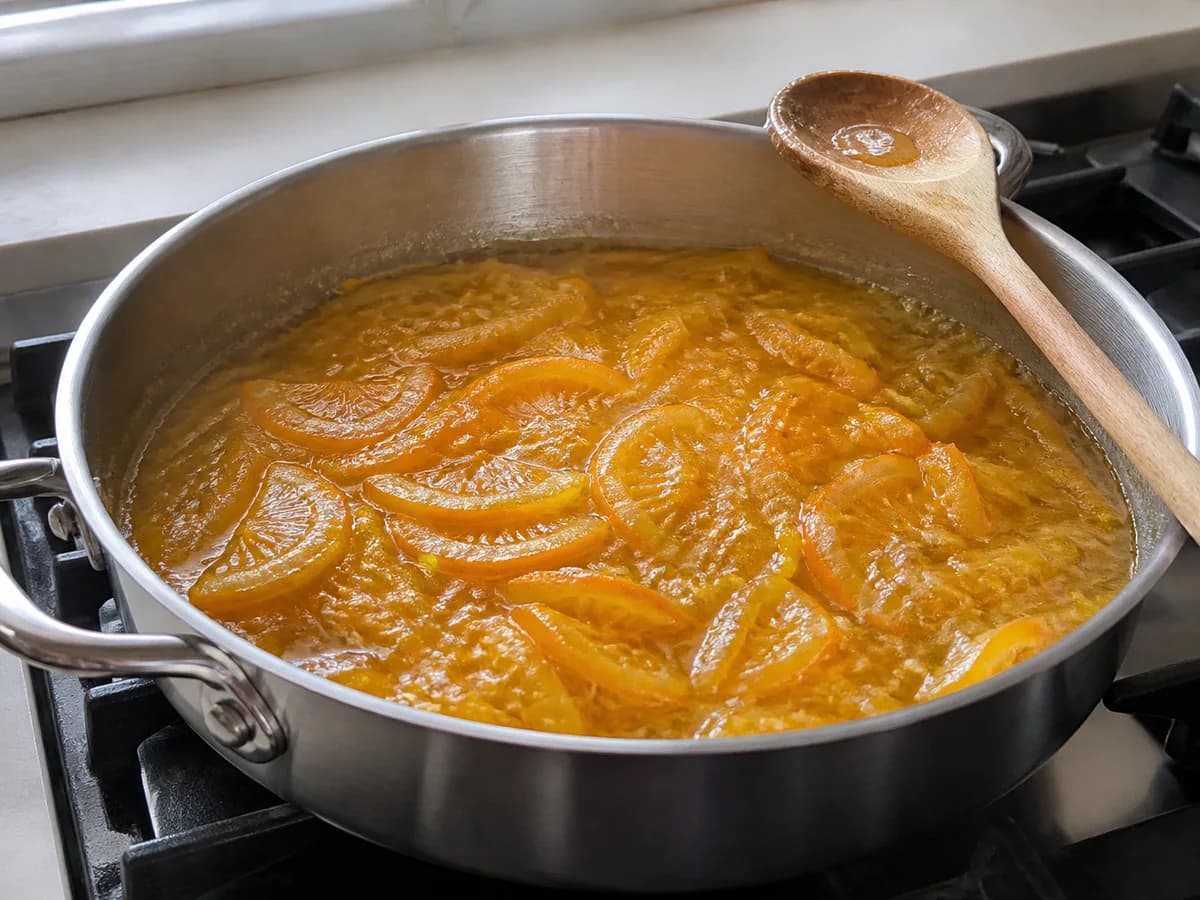 Preparação de Compota Doce de Laranja Caseira durante a confeção