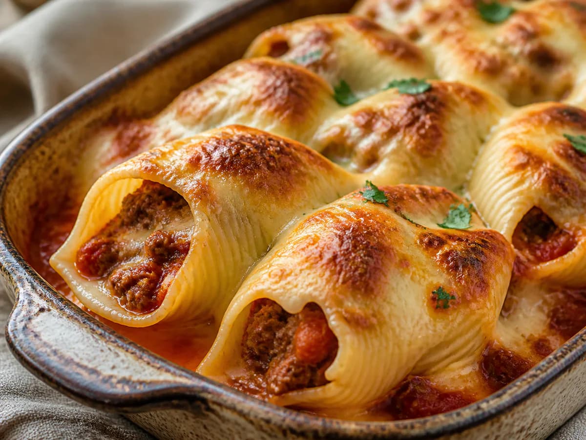 Pormenor de uma porção de Conchas Gratinadas No Forno Com Carne Picada
