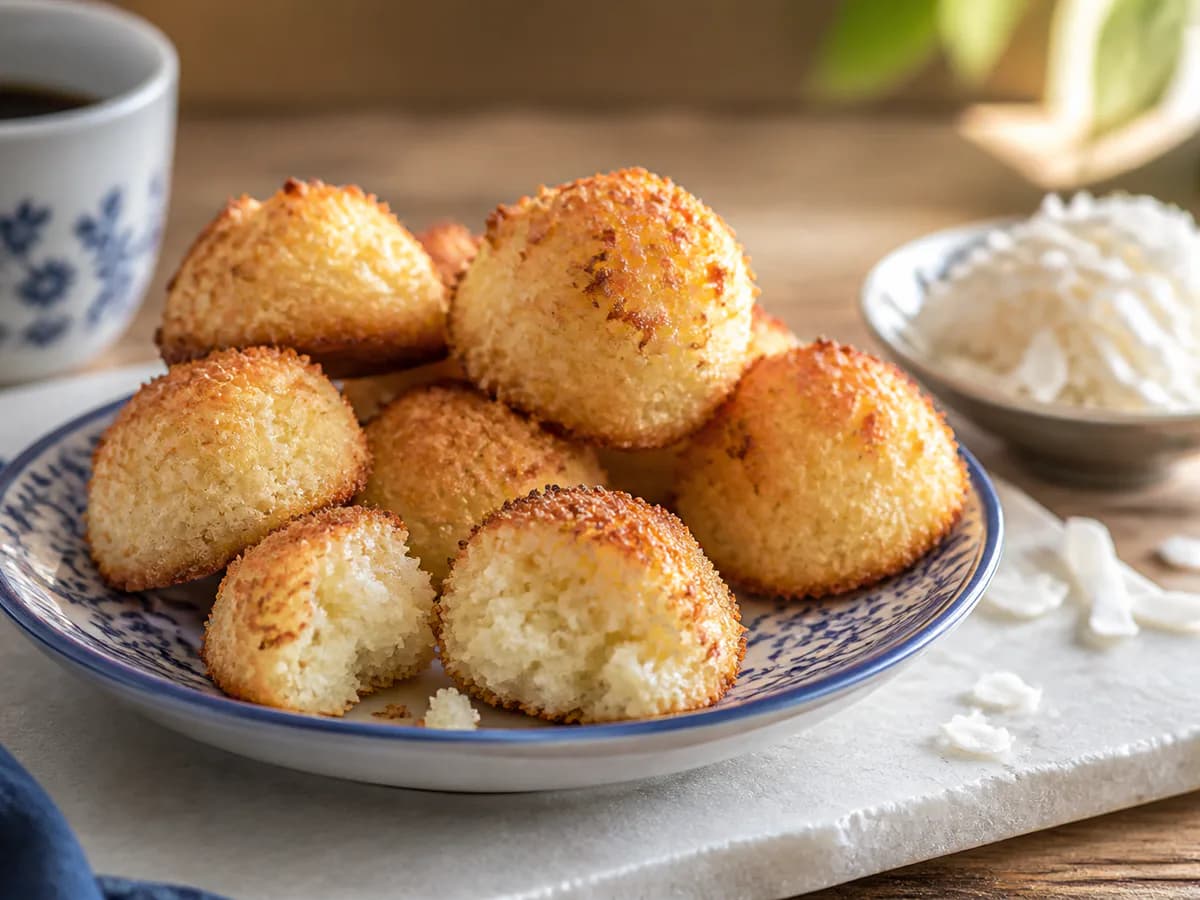 Pormenor de uma porção de Bolinhos de Coco "Coquinhos"