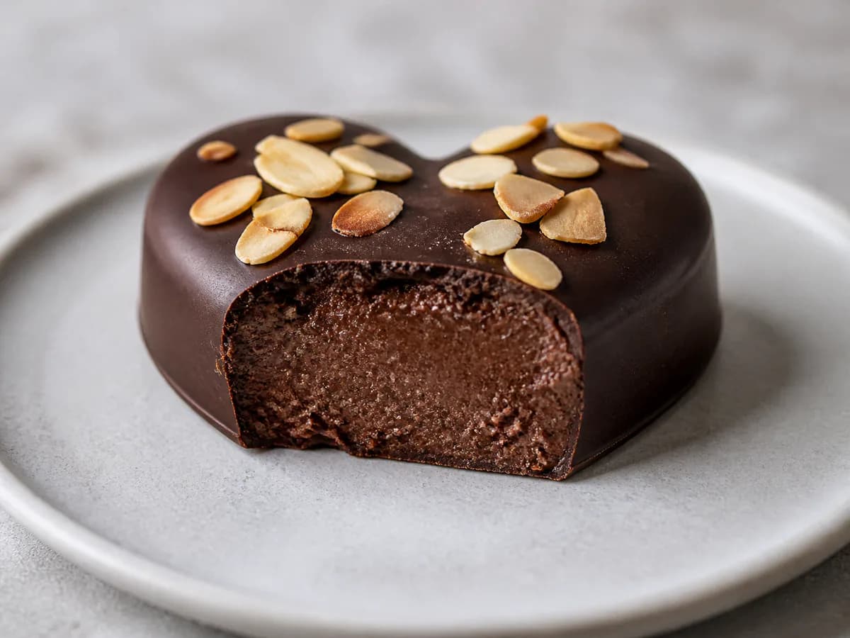 Pormenor de uma porção de Corações de Chocolate com Amêndoa