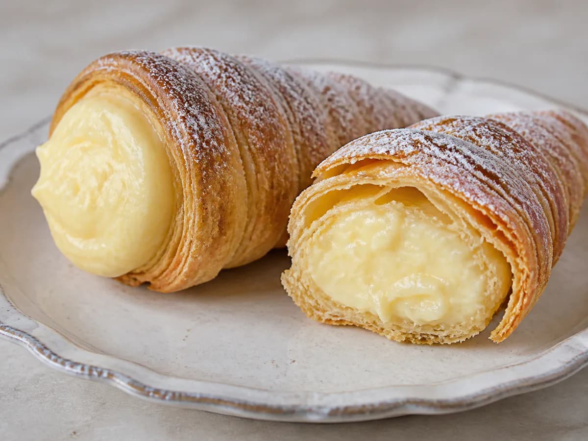 Pormenor de uma porção de Cornucópias com Creme de Pasteleiro