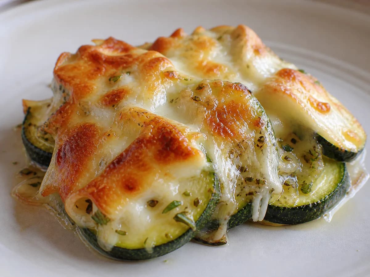 Pormenor de uma porção de Courgette com Queijo de Cabra Gratinado