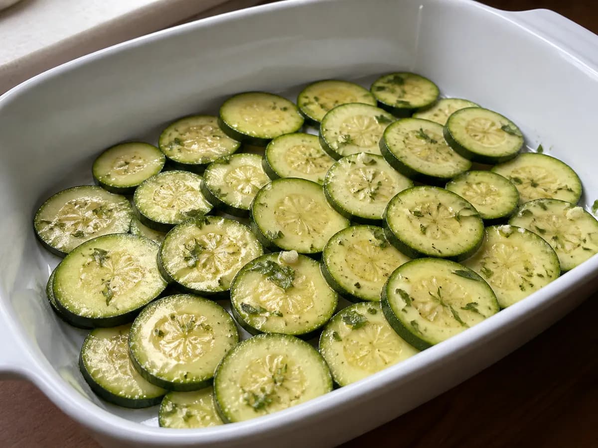 Preparação de Courgette com Queijo de Cabra Gratinado durante a confeção