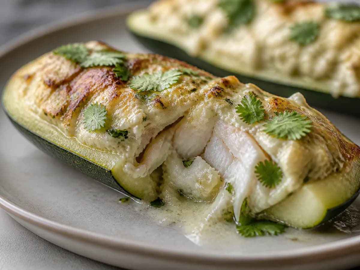 Pormenor de uma porção de Curgetes Recheadas com Pescada, Erva-Cidreira e Leite de Coco